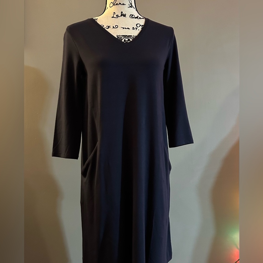 Eileen Fisher Stretch Jersey Tencel Lyocell V-Neck Shift Dress